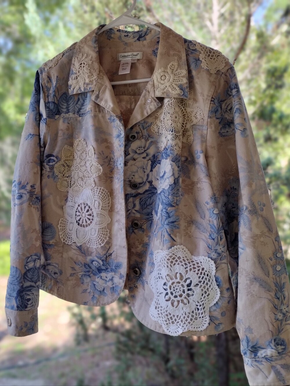 Floral Button-Up Denim Jacket with Crochet Appliqué